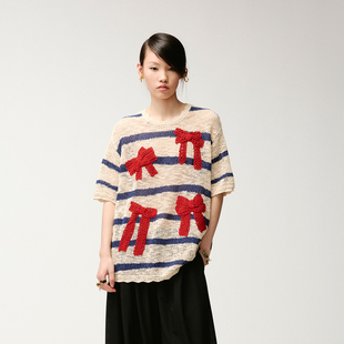 「乐园」系列手作蝴蝶结条纹毛衫 新款 T恤 乌丫2026夏季 UOOYAA
