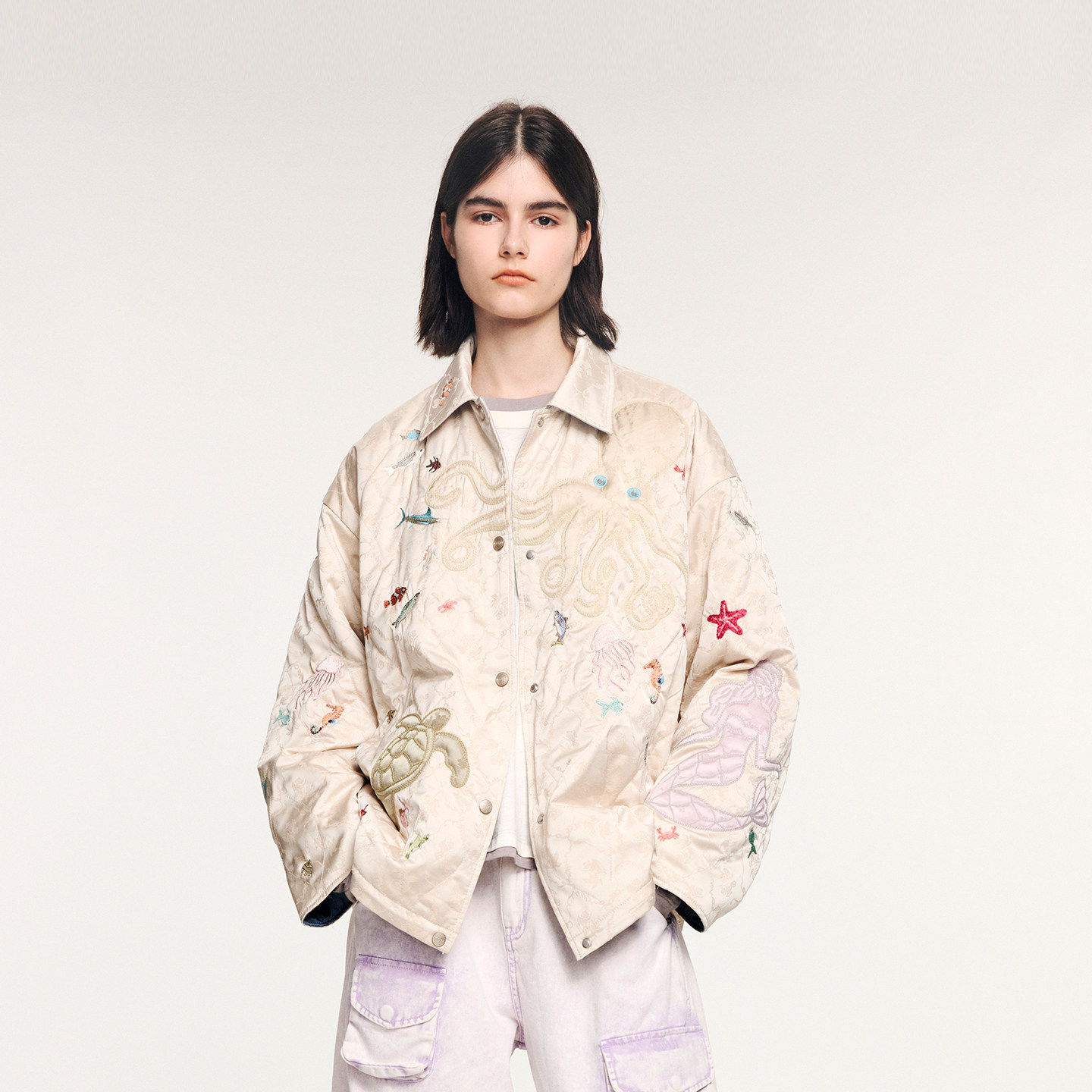 UOOYAA/乌丫2025冬季新款「奇幻海底」贴布刺绣两穿衬衫式棉服