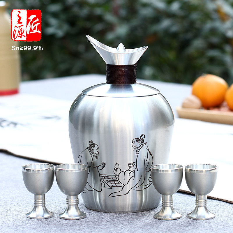 个旧手工999锡器纯锡温酒壶烫酒壶酒具温手刻白黄酒具-喜相逢大号