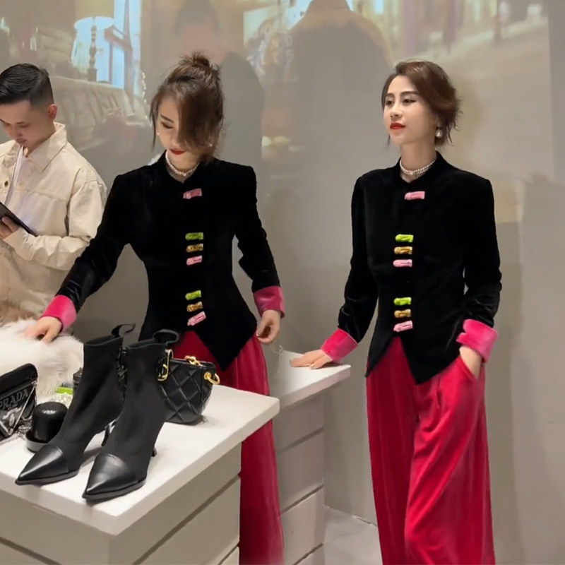 时尚休闲套装女冬季新款盘扣长袖民族中国风上衣显瘦阔腿裤两件套