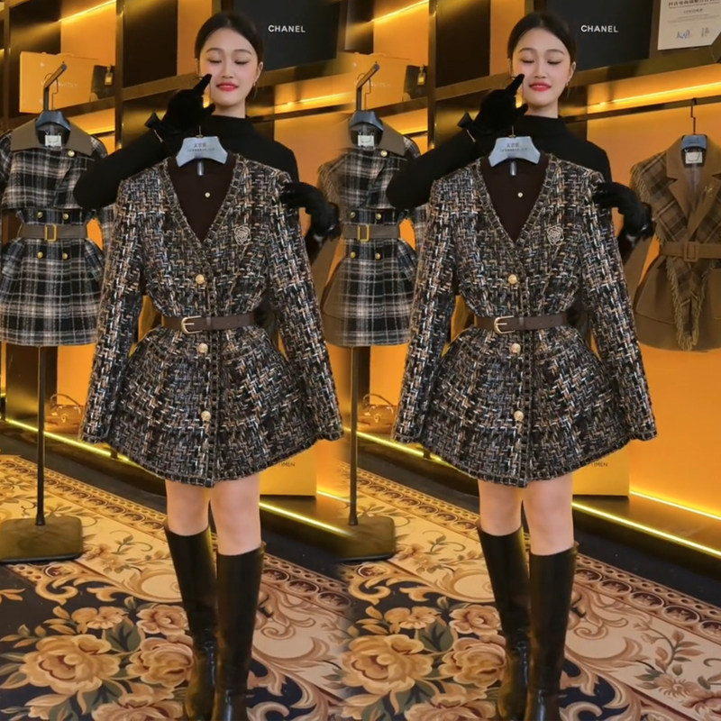 2023秋冬装气质女士粗花呢洋气修身香风中长款粗花呢编织外套女潮