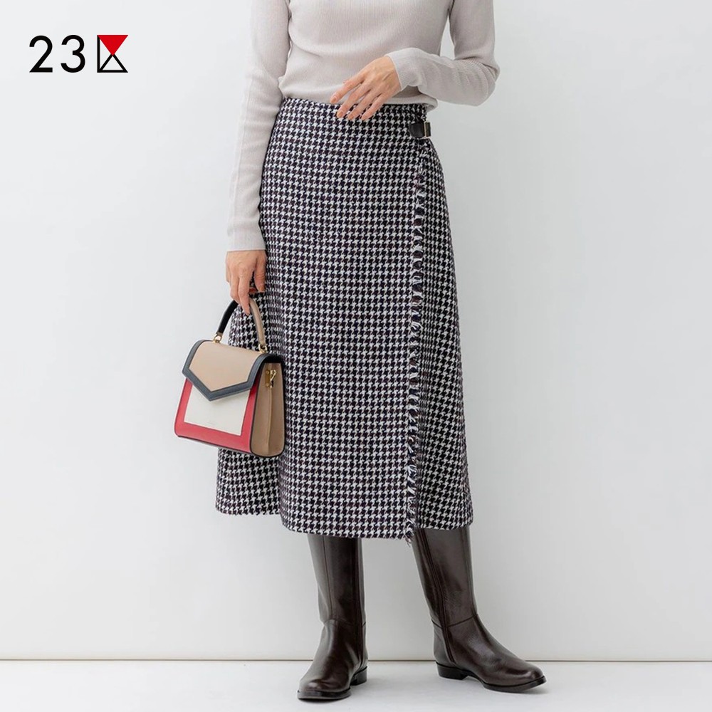 羊毛混千鸟格中长半身裙商场同款