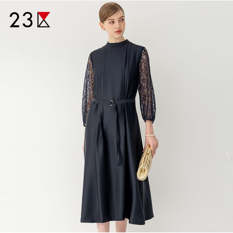 立领套头蕾丝袖连衣裙商场同款