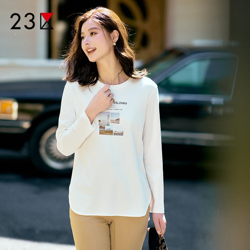 棉混纺圆领长袖针织T恤商场同款