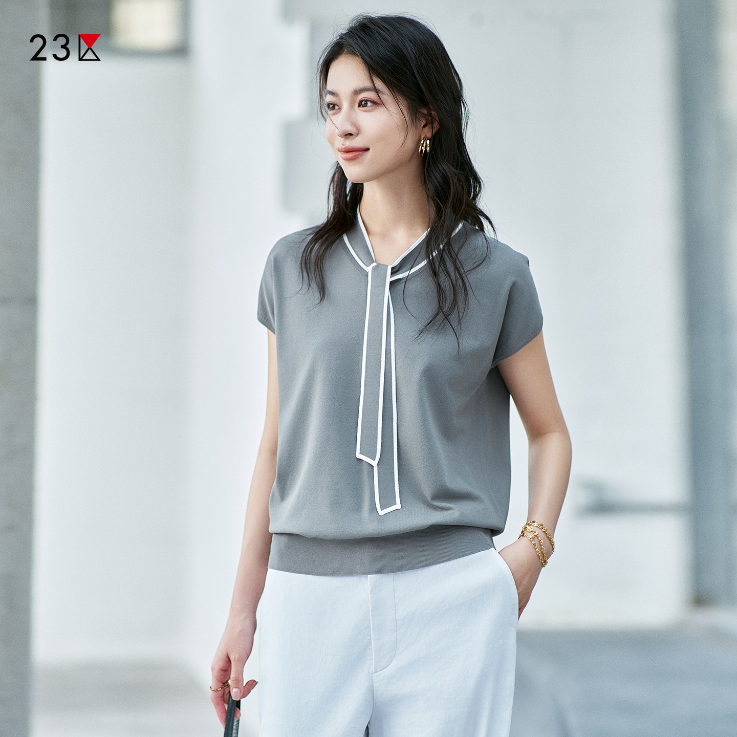 混纺飘带领短袖针织上衣商场同款