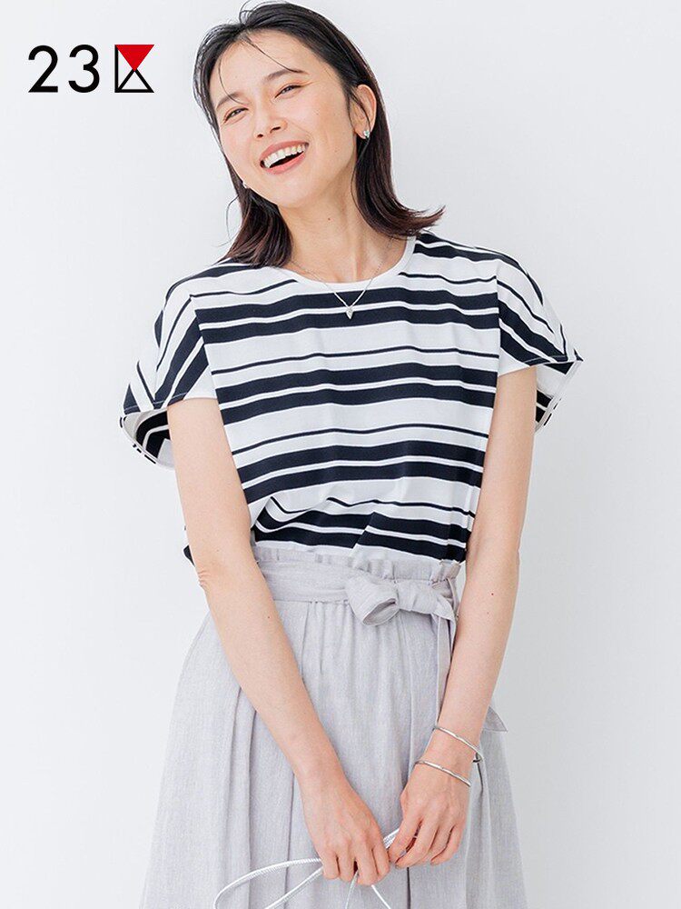 23区日系春季通勤宽松版纯棉圆领套头条纹短袖T恤针织衫商场同款