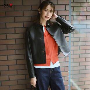 羊革方领皮衣真皮短外套商场同款 23区日系春季 通勤职业OL宽松版
