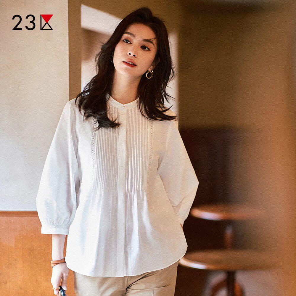 23区日系秋季通勤棉桑蚕丝混纺小立领七分袖衬衣休闲衬衫商场同款