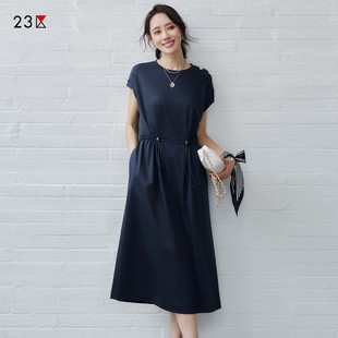 23区日系秋季通勤宽松纯棉圆领套头短袖连衣裙收腰连身裙商场同款