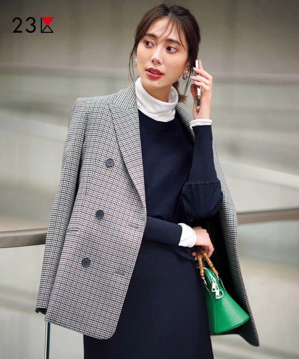 23区日系秋季通勤职业直筒羊毛混纺千鸟格西服双排扣西装商场同款