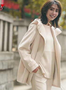 23区日系春季通勤宽松羊毛羊绒混纺连帽毛呢外套短大衣商场同款