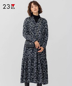 23区日系秋季通勤宽松印花立领套头长袖连衣裙拼接连身裙商场同款