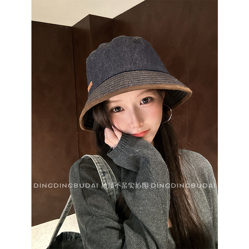 【牛仔渔夫帽】水洗做旧素颜遮脸水桶帽女秋大头围百搭显脸小盆帽