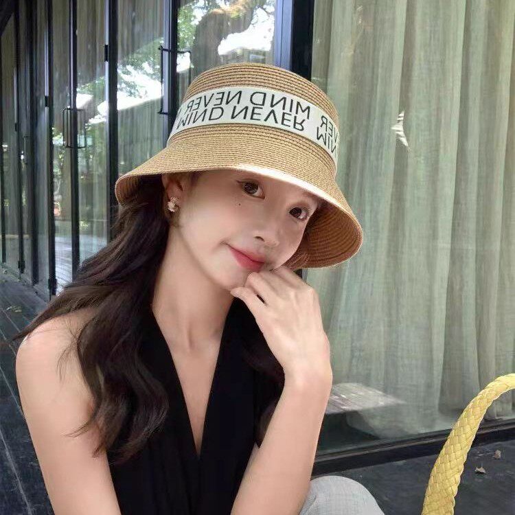 气质风字母绑带渔夫帽草编休闲草帽子女夏季防晒遮阳帽旅游沙滩帽