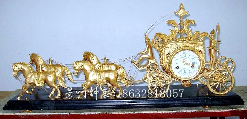 钟表四马拉车镀金座钟纯铜机械发条座钟欧式古典家居摆件壁炉古钟