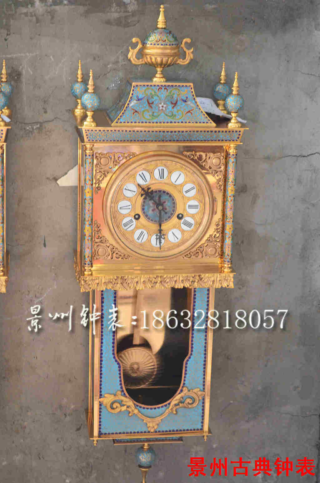 挂钟 景泰蓝机械纯铜 吊钟 老式发条 珐琅钟 仿古董故宫 样板间钟