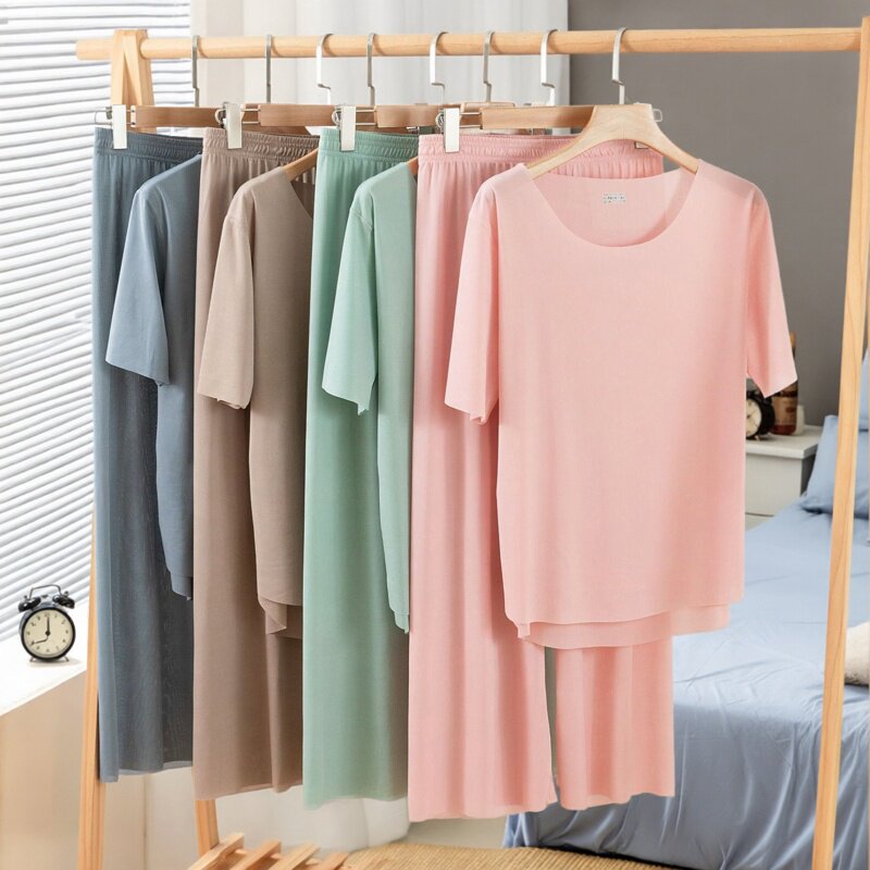 2026新款螺纹冰丝情侣睡衣男款夏天薄款女家居服套装短袖凉感居家