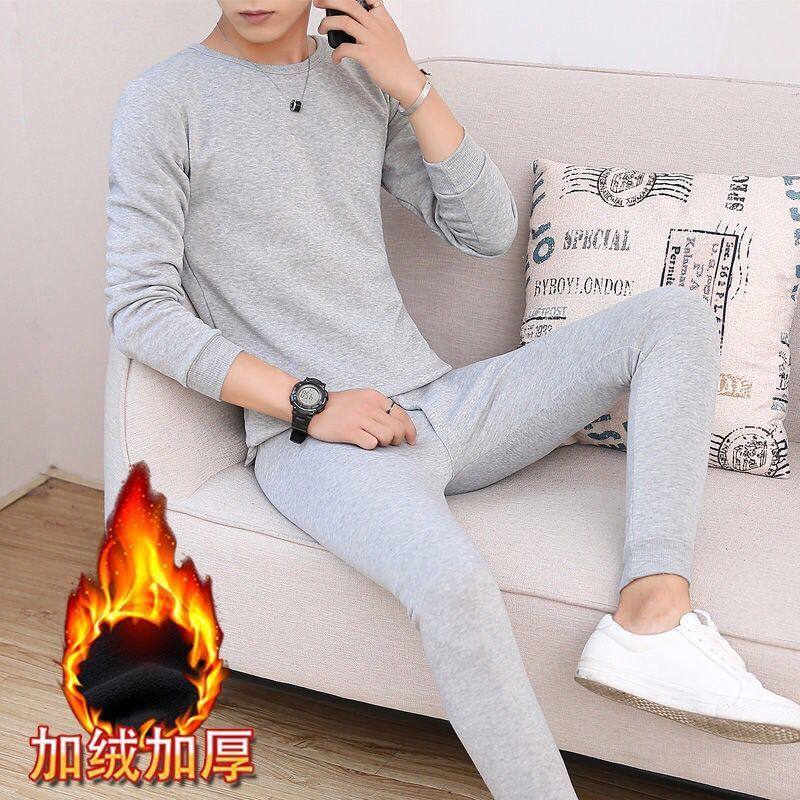 男士加绒保暖内衣睡衣套装中老年秋衣秋裤休闲加厚纯色秋冬款圆领