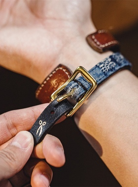 马登工装复古boro百家布拼接手环黄铜头层植鞣牛皮手镯配饰品男潮