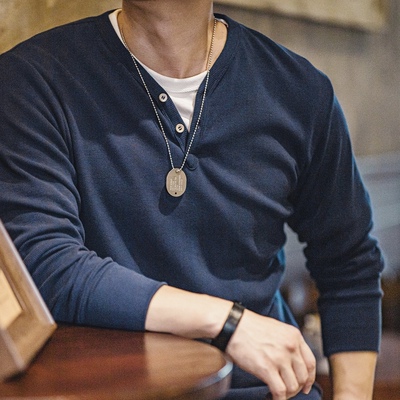 马登工装 美式复古重磅亨利衫修身硬汉风纯色休闲长袖T恤男式秋衣