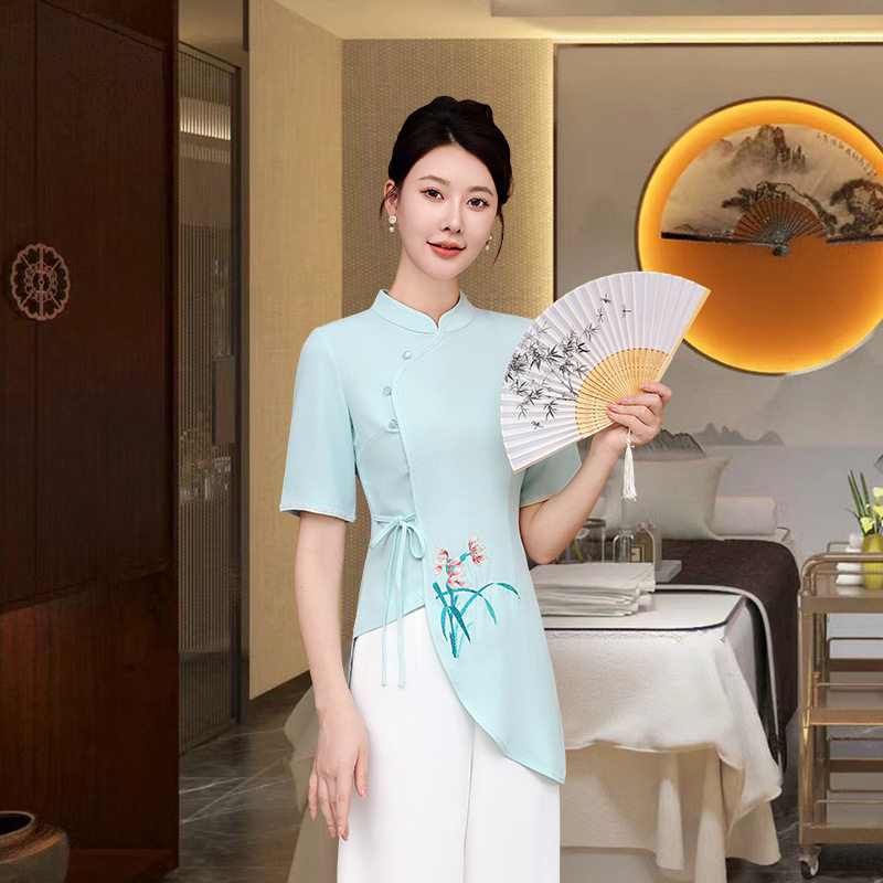 新款美容院工作服女显瘦国风气质养生馆spa足疗足浴技师气质 套装