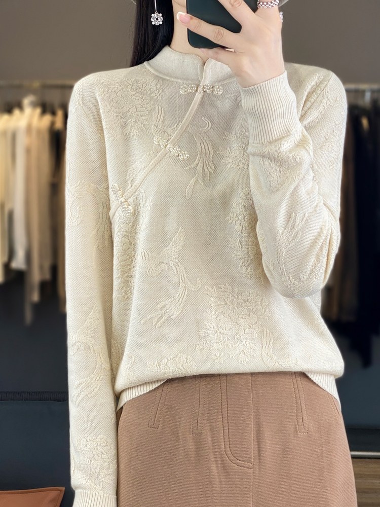 新中式国风上衣春秋薄款毛衣女秋季2025新款内搭高级感针织打底衫