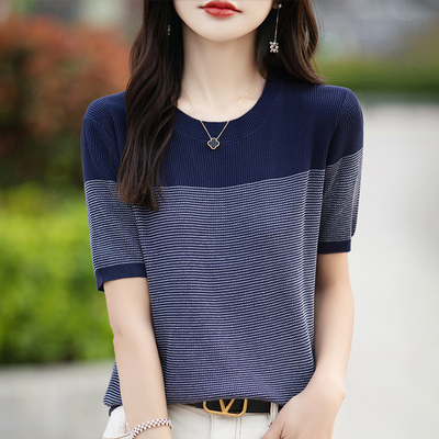 条纹冰丝圆领短袖t恤女2025新款夏季薄款针织衫洋气减龄短款上衣