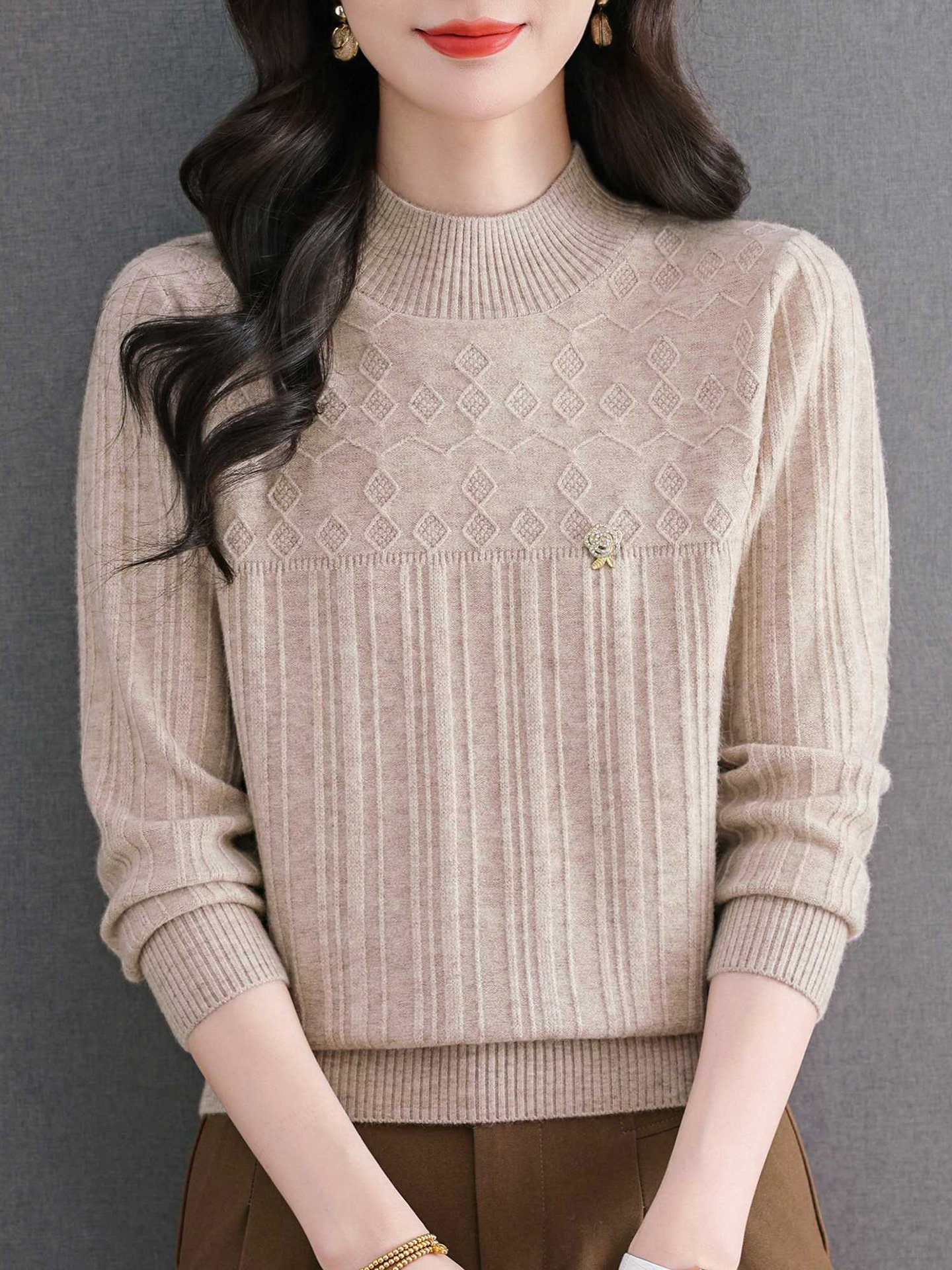 JOYIASS红色半高领毛衣女秋冬2025新款菱格纹针织衫中老年妈妈内