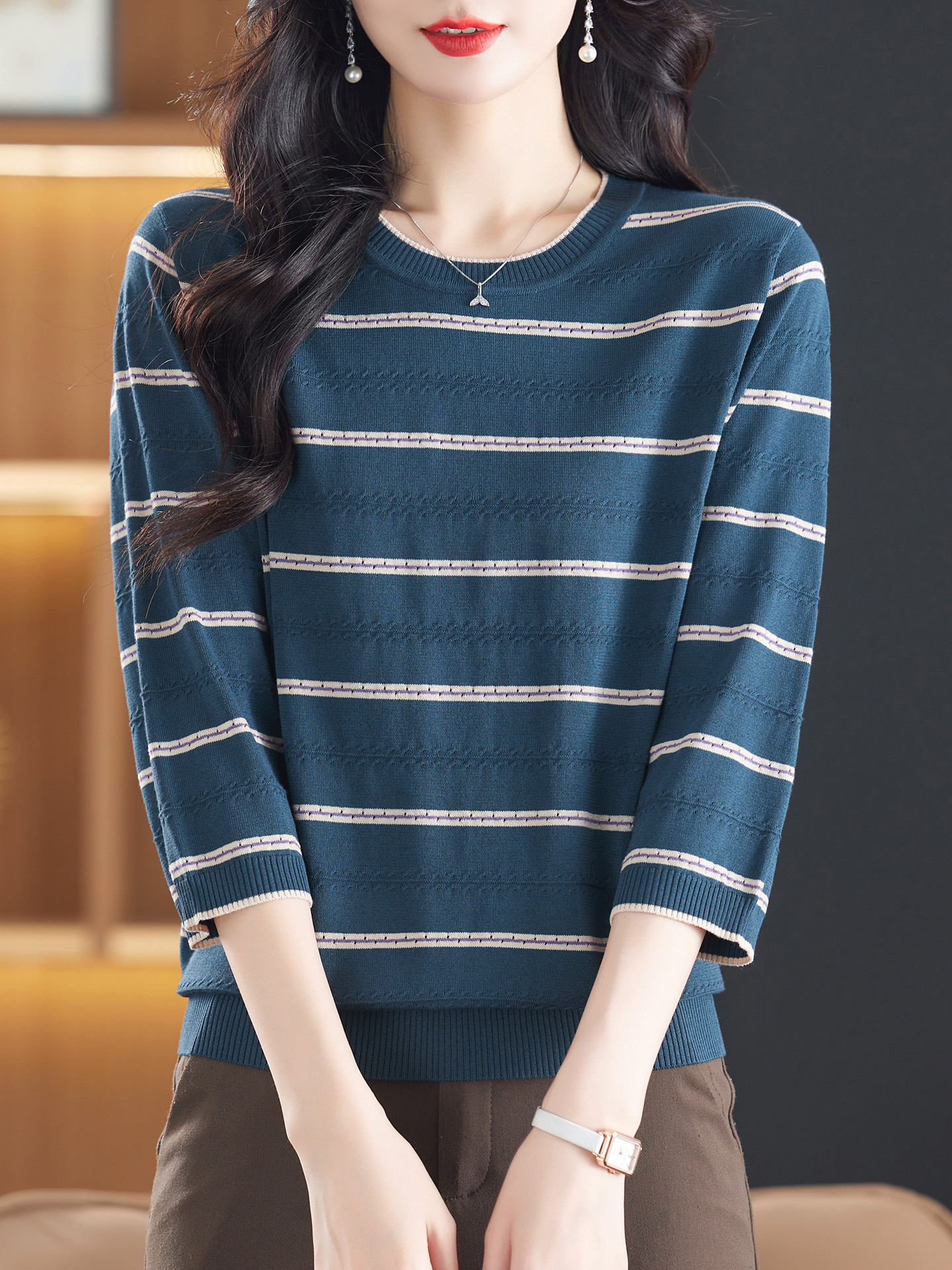 JOYIASS妈妈装早秋七分袖上衣女2025新款宽松条纹中袖T恤针织打底