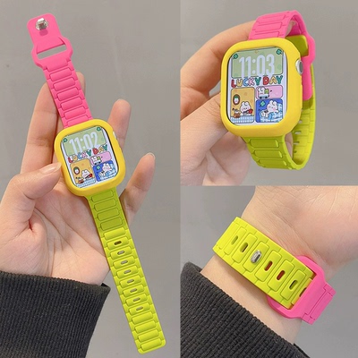 反扣硅胶竹节款多巴胺撞色表带适用iwatch11代苹果applewatch1098