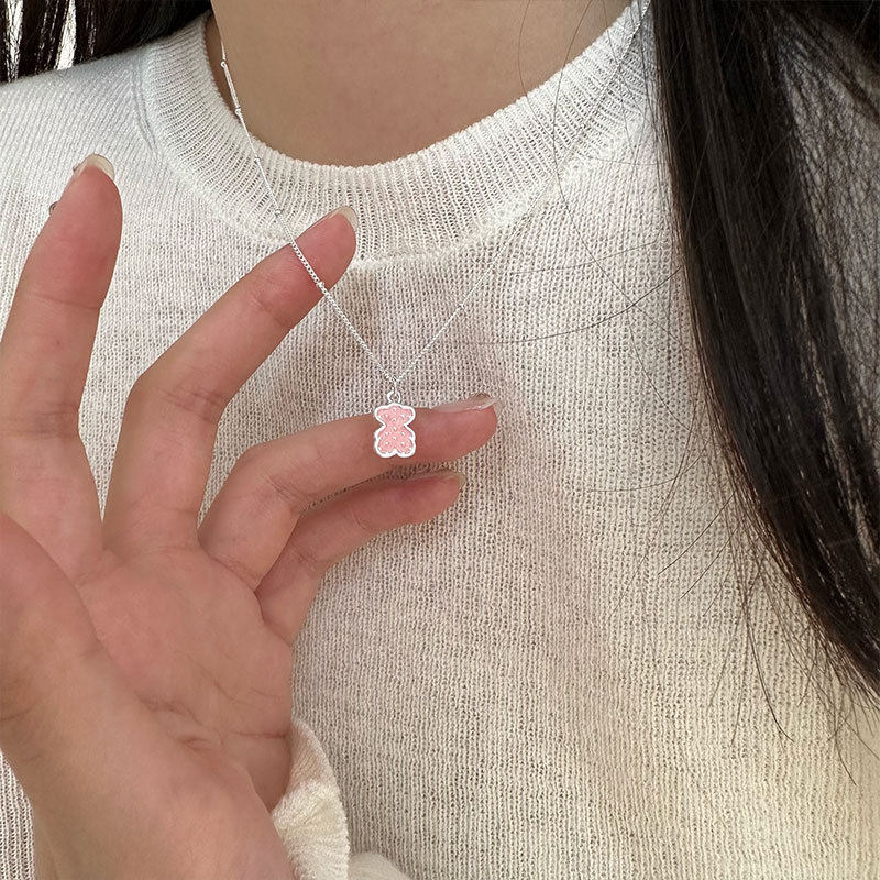 S925纯银粉色小熊项链ins风日韩简约甜美可爱少女气质个性锁骨链
