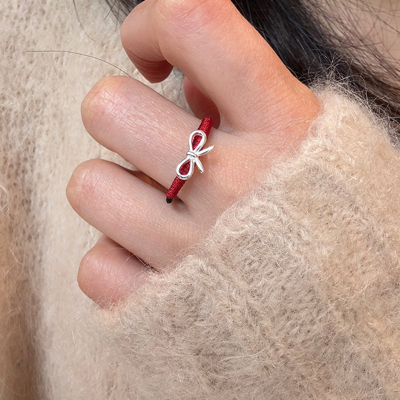 S925纯银蝴蝶结黑绳戒指女简约百搭手工编织设计名媛风气质指环新