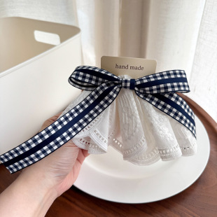 韩国精品大号格子蝴蝶结发夹蕾丝裙边弹簧夹后脑勺气质飘带顶夹女