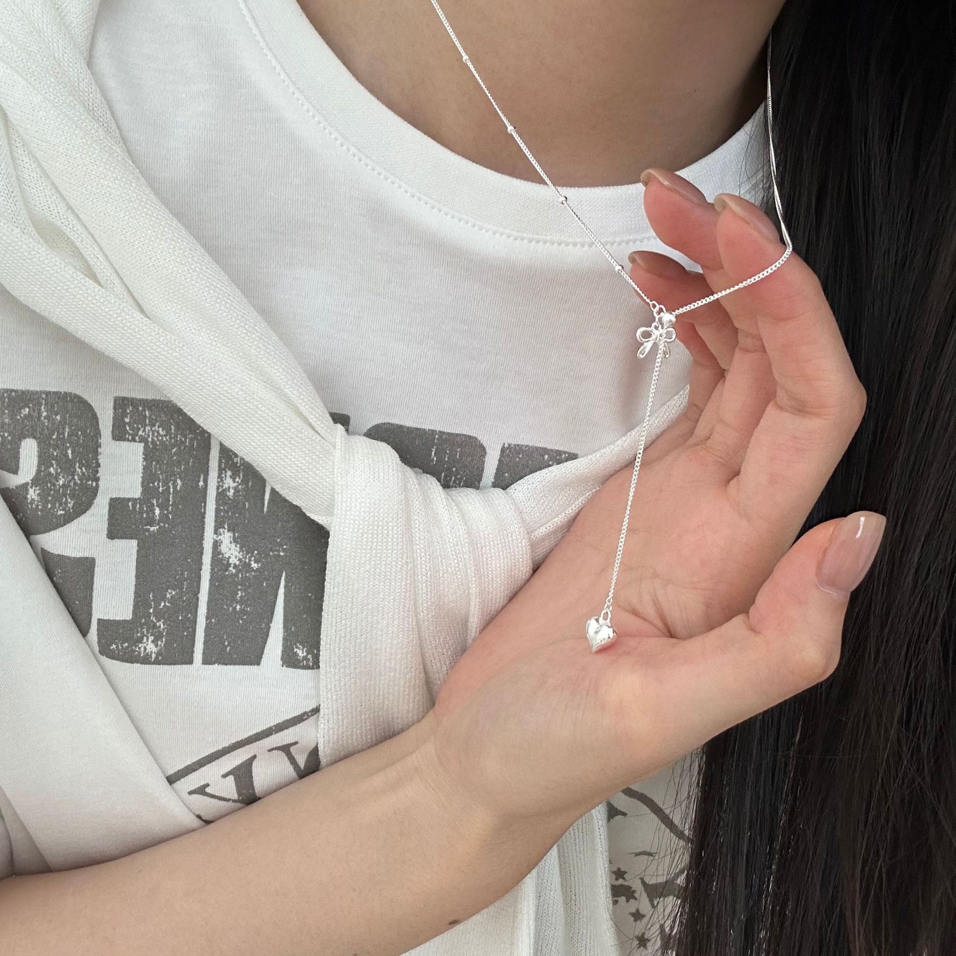 S925纯银蝴蝶结爱心流苏项链百搭