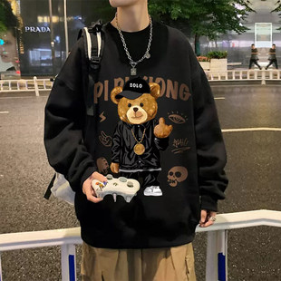 t休闲印花春秋季高街无帽恤套头狗熊男潮牌ins打底衫长袖宽松卫衣