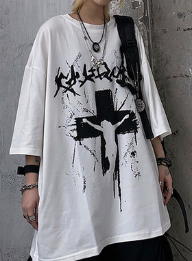 美式男高街印花ins五分十字架做系潮牌studios短袖暗黑旧INST恤