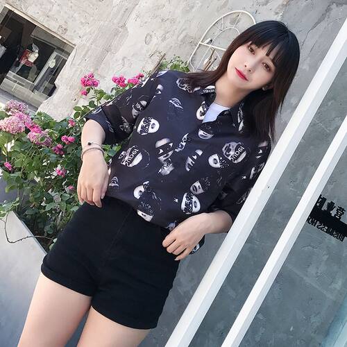 花衬衫女生复古港风5分短袖ins潮学生宽松慵懒风夏威夷沙滩衬衣女