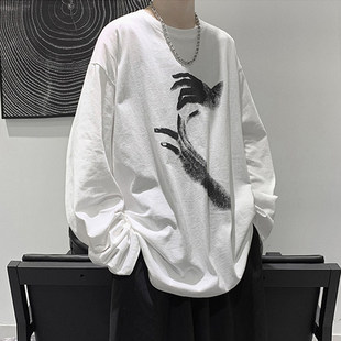 潮牌t衫哈街头卫衣风打底秋季嘻欧美宽松男圆领长袖涂鸦休闲ins恤