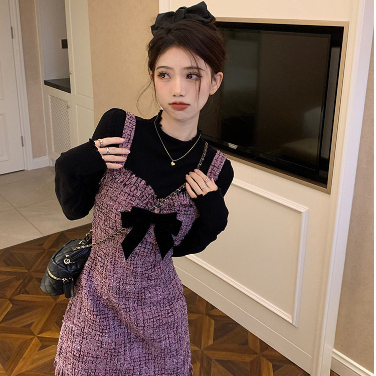 小香风套装裙2025秋冬新款长袖显瘦黑色打底衫粗呢修身显瘦背带裙