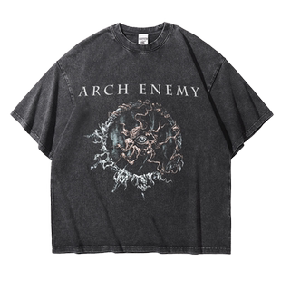 arch enemy乐队欧美金属大敌宽松做旧水洗重磅纯棉五分短袖T恤男