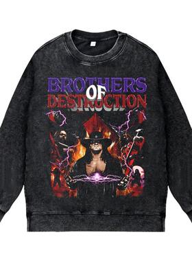 美式水洗做旧vintage圆领套头卫衣WWE摔跤毁灭兄弟送葬者杀人机器