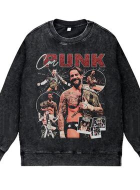 美式复古vintage高街潮流WWE职业摔跤CMPUNK秋冬圆领套头卫衣男女