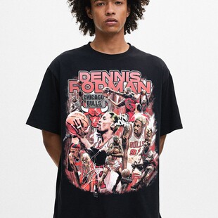 欧美复古印花重磅落肩五分袖罗德曼公牛王朝篮球印花图案T恤男女