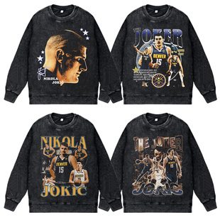 美式篮球球星约基奇师傅掘金复古vintage高街水洗圆领套头卫衣男