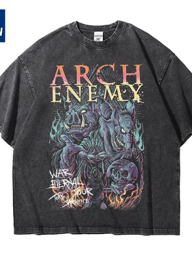 金属大敌欧美乐队arch enemy宽松做旧水洗重磅纯棉五分短袖T恤男