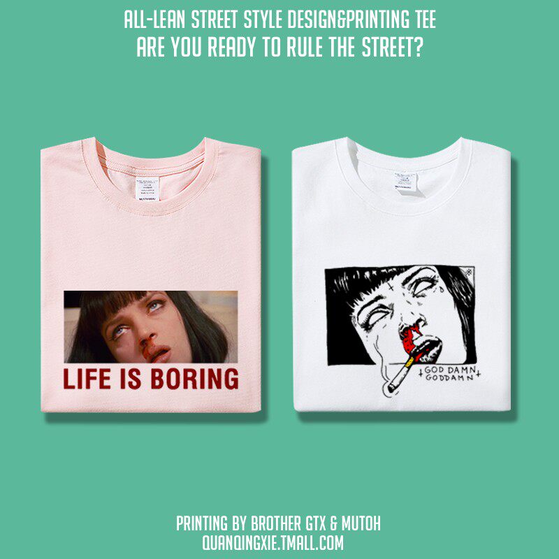 bf美式昆汀低俗小说电影主题周边鼻血女印花纯棉圆领短袖T恤男女