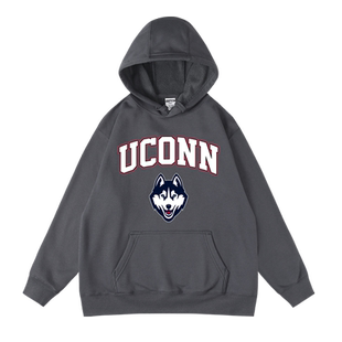 男女同款康涅狄格大学欧美学院风潮牌印花秋冬加绒连帽套头卫衣