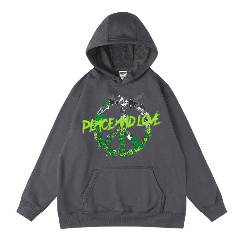 秋冬男女学生宽松休闲青少年套头卫衣连帽衫加绒秋冬爱与和平印花