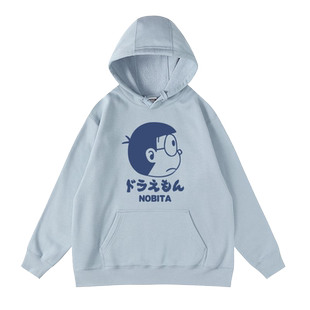 机器猫野比大雄静香胖虎周边印花衣服秋冬加绒连帽套头卫衣男女