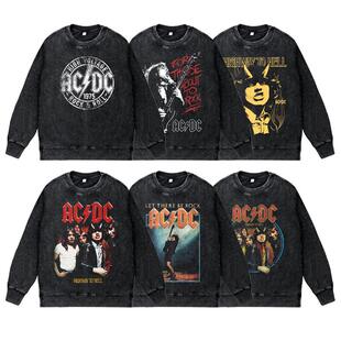 美式复古做旧水洗vintage秋冬圆领无帽套头卫衣男女摇滚乐队ACDC